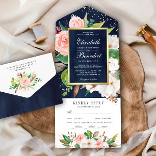 Invitation Tout En Un Mariage Fleurie de Magnolia Rose Blanc Bleu Marine