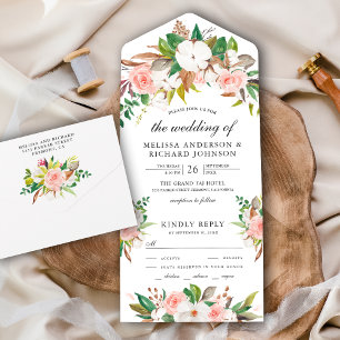 Invitation Tout En Un Mariage Fleurie Rose Pâle Coton Magnolia Blanc