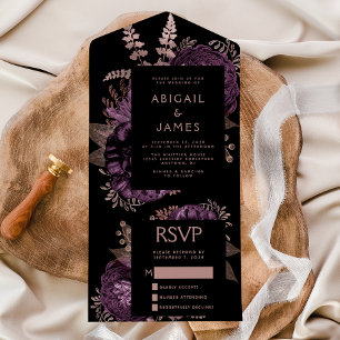 Invitation Tout En Un Mariage Fleurie Sombre et Or Rose Violet Humeur
