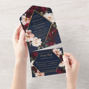 Invitation Tout En Un Mariage Fleuris Bleu Nuit Burgundy Blush Sombre
