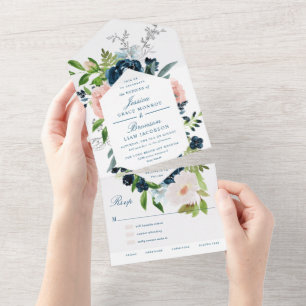 Invitation Tout En Un Mariage Fleuris Bleu Nuit et Rose