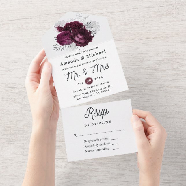 Invitation Tout En Un Mariage Fleurs Bourguignon et Argent (Déchirure)