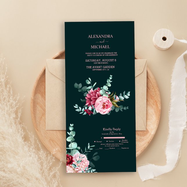 Invitation Tout En Un Mariage Fleurs de Bourgogne Vert Émeraude Aquarell (Créateur téléchargé)