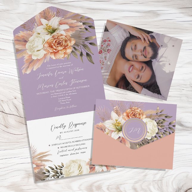 Invitation Tout En Un Mariage Fleurs de Pêche et Violet (Créateur téléchargé)