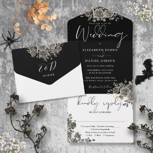 Invitation Tout En Un Mariage Fleurs de Roses Gothiques Noir et Blanc