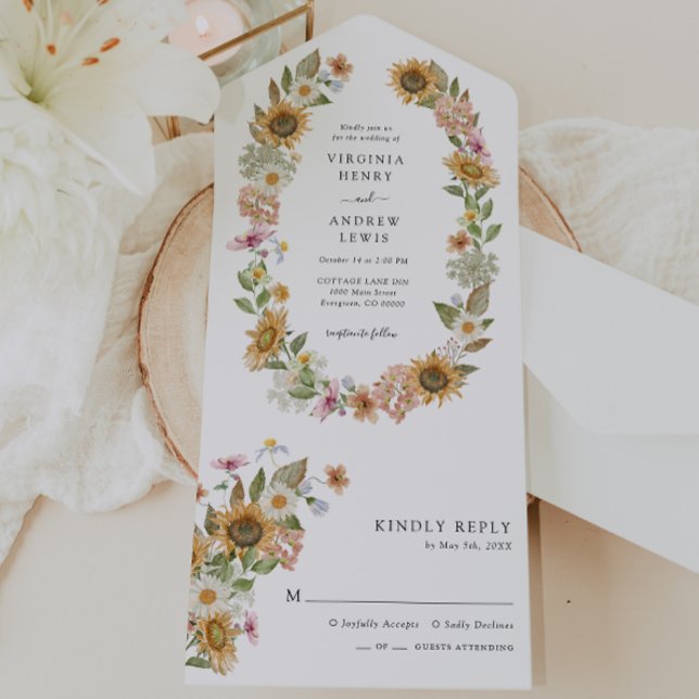 Invitation Tout En Un Mariage Fleurs de Tournesol (Elegant Wildflower Sunflower Floral Wedding All In One Invitation by Painted Paperie
)