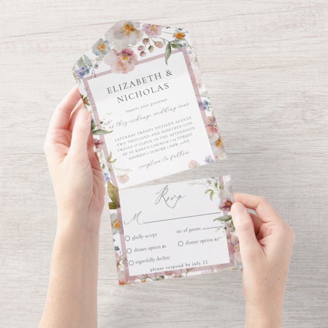 Invitation Tout En Un Mariage Fleurs Élégantes Tout en un (Déchirure)