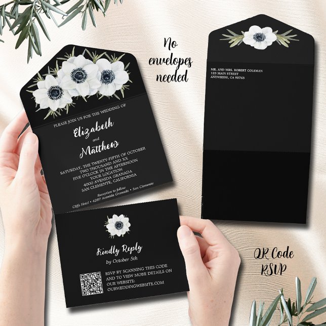 Invitation Tout En Un Mariage Fleurs noires et blanches (Créateur téléchargé)