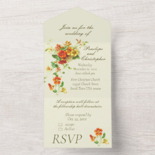 Invitation Tout En Un Mariage Fleurs Vintage Orange et Jaune en Pulvéris