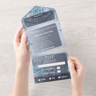 Invitation Tout En Un Mariage Flocons de Neige Bleus Merveilleux Hiver