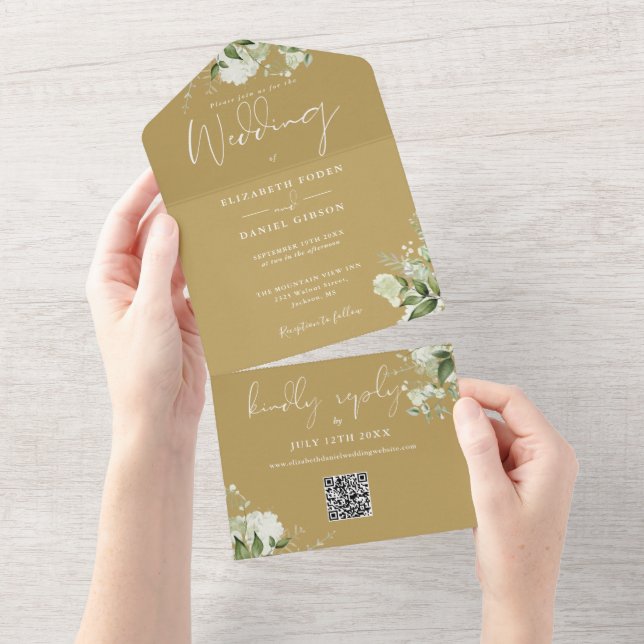 Invitation Tout En Un Mariage Floral à la Monogramme Code QR en Feuillag (Déchirure)