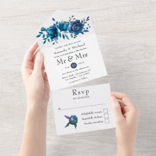 Invitation Tout En Un Mariage floral aquarelle bleu marine et blanc