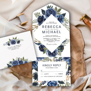 Invitation Tout En Un Mariage Floral Aquarelle Bleu Nuit Rustique Modern
