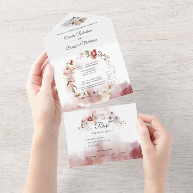Invitation Tout En Un Mariage Floral Aquarelle Bohème Automnal | (Déchirure)