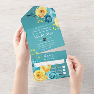 Invitation Tout En Un Mariage Floral Aquarelle Turquoise et Jaune