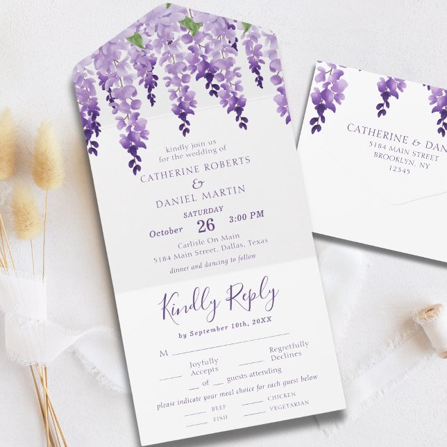 Invitation Tout En Un Mariage floral aquarelle wisteria lilas violet (Créateur téléchargé)