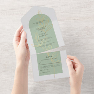 Invitation Tout En Un Mariage floral argent Sage vert or