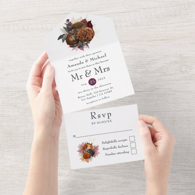 Invitation Tout En Un Mariage Floral Automnal Vintage (Déchirure)