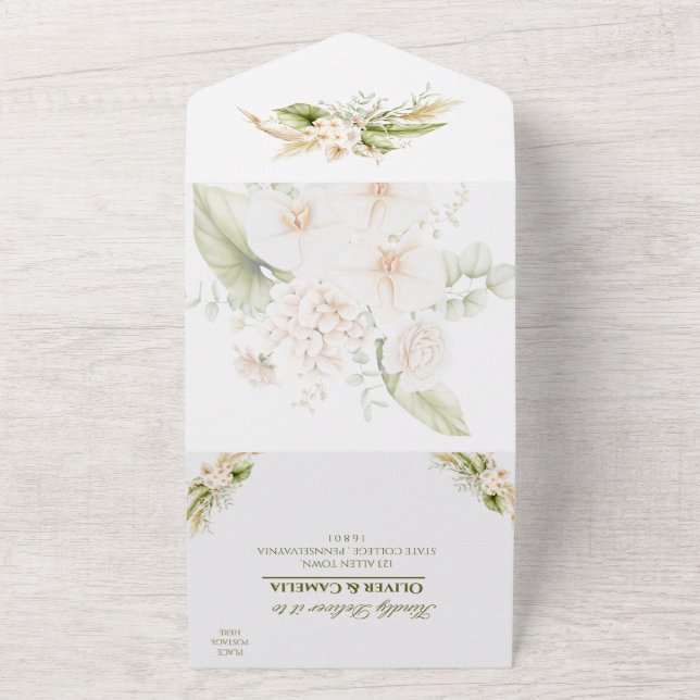 Invitation Tout En Un Mariage Floral Beige Vert Inviter RSVP TOUS EN UN (Dehors)