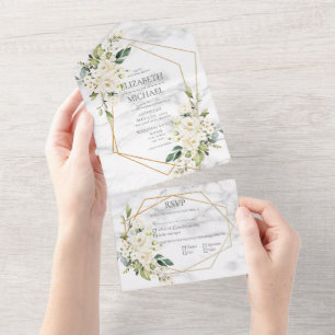 Invitation Tout En Un Mariage floral blanc blanc en marbre géométrique c
