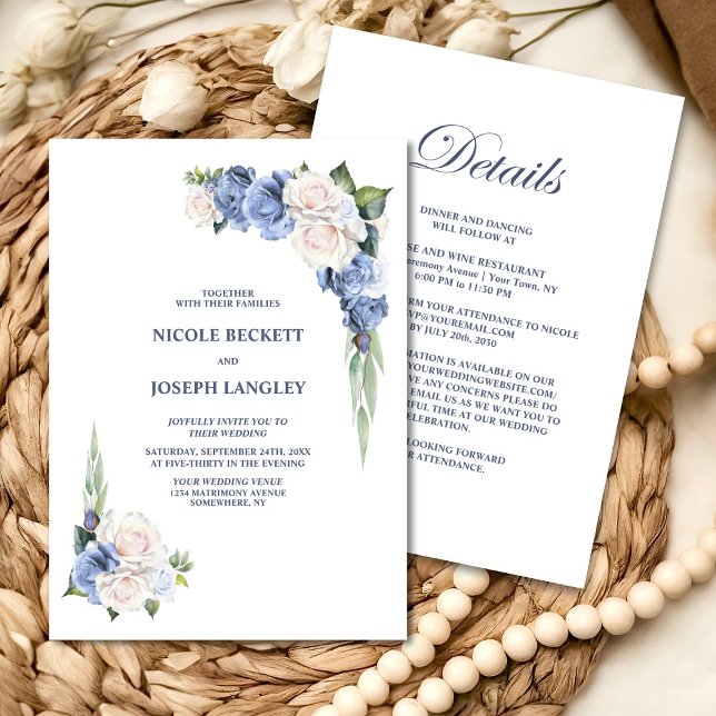 Invitation Tout en un Mariage Floral Blanc Bleu (Créateur téléchargé)