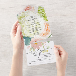 Invitation Tout En Un Mariage floral blanc rose vert