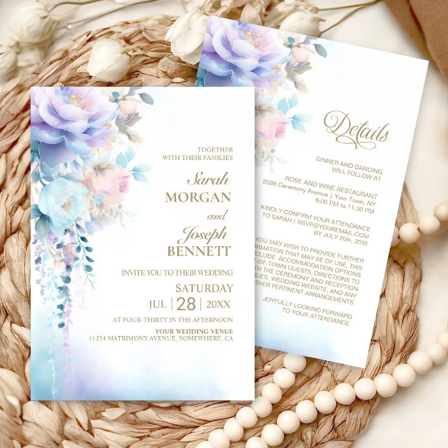 Invitation Tout en un Mariage Floral bleu (Créateur téléchargé)