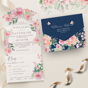 Invitation Tout En Un Mariage floral bleu bleu bleu Dusty rose et rose
