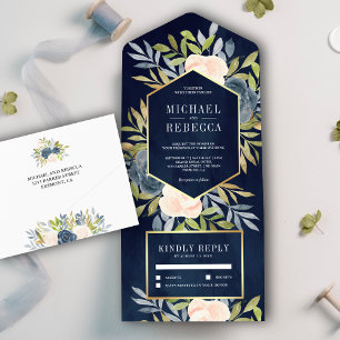 Invitation Tout En Un Mariage floral bleu bleu marine rose et poussiéreu