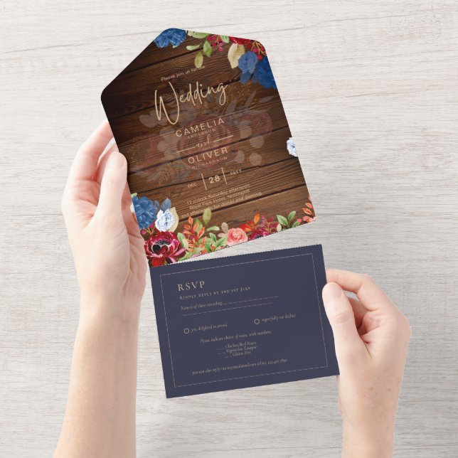 Invitation Tout En Un Mariage Floral bleu Bourgogne rustique (Déchirure)