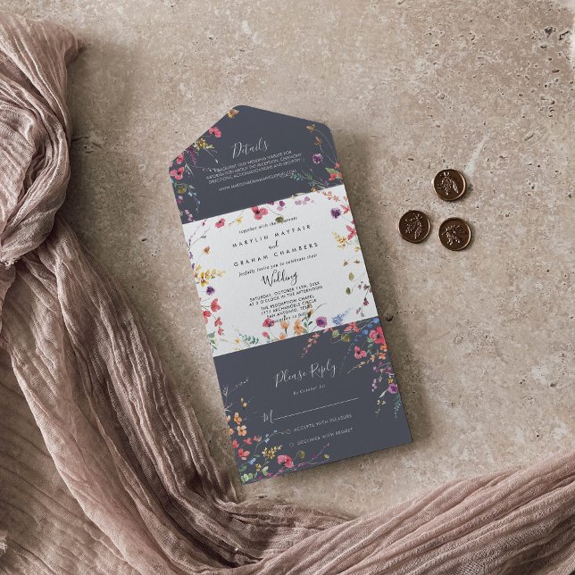 Invitation Tout En Un Mariage floral bleu classique (Créateur téléchargé)