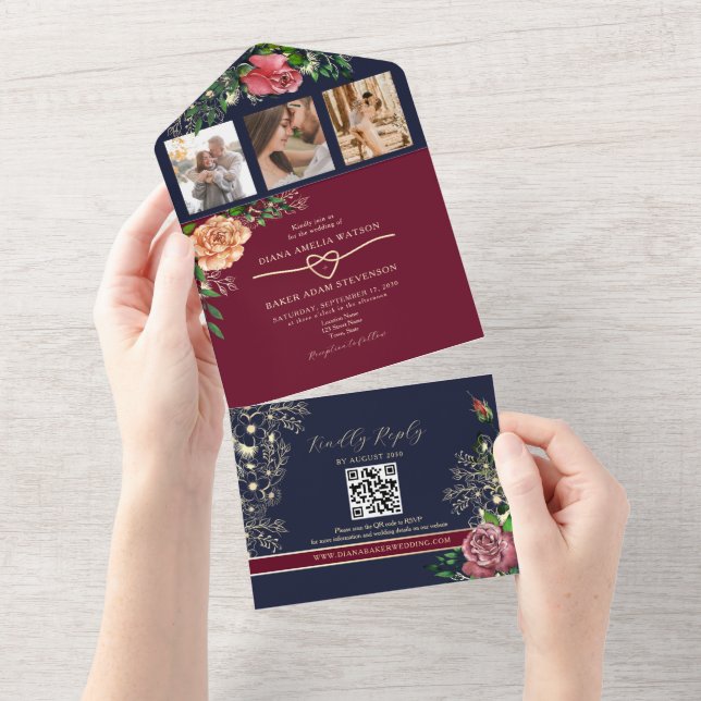 Invitation Tout En Un Mariage floral bleu de la marine de Bourgogne (Déchirure)