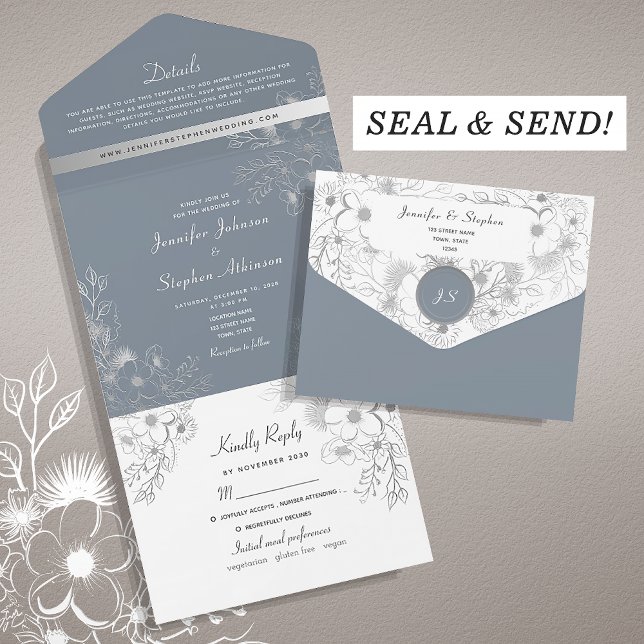 Invitation Tout En Un Mariage floral bleu d'hiver (Créateur téléchargé)