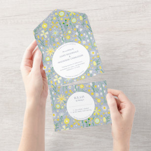 Invitation Tout En Un Mariage Floral bleu jaune moderne