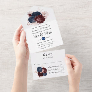 Invitation Tout En Un Mariage floral bleu marine, bordeaux et or rose