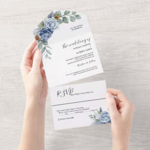 Invitation Tout En Un Mariage Floral Bleu Poussiéreux