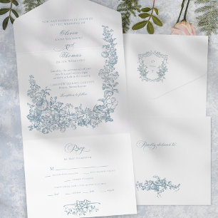 Invitation Tout En Un Mariage Floral Bleu Poussiéreux Romantique en Dess