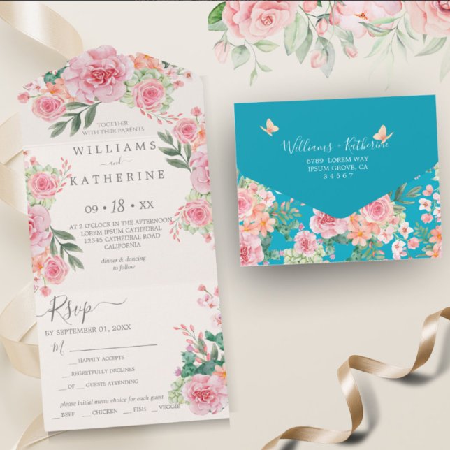 Invitation Tout En Un Mariage floral bleu roux rose et brun (Créateur téléchargé)