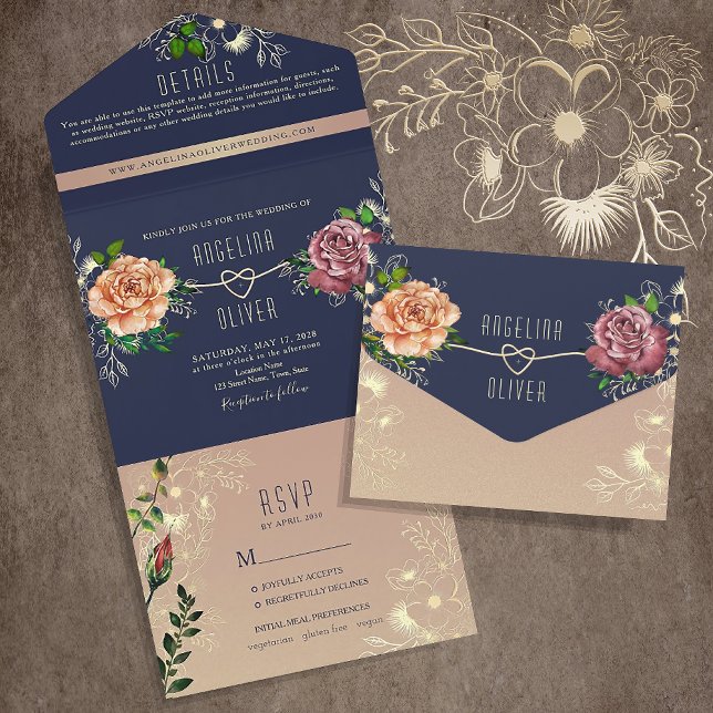 Invitation Tout En Un Mariage Floral Blush Rustic Navy (Créateur téléchargé)