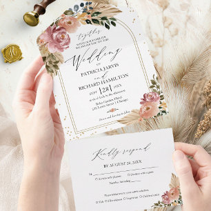 Invitation Tout En Un Mariage Floral Bohème aux Couleurs Neutres Élégant