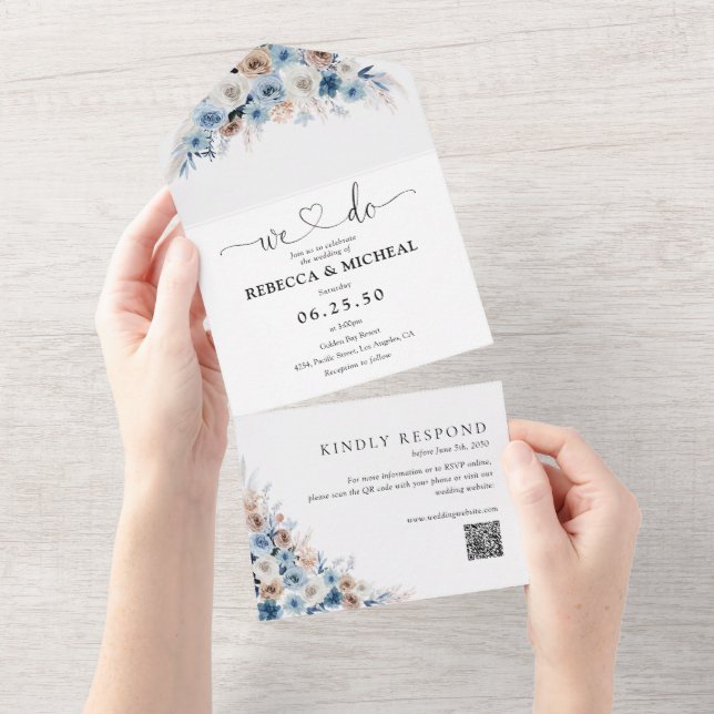 Invitation Tout En Un Mariage Floral Boho bleu en une seule invitation (Déchirure)