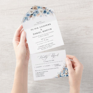 Invitation Tout En Un Mariage Floral Boho bleu en une seule invitation