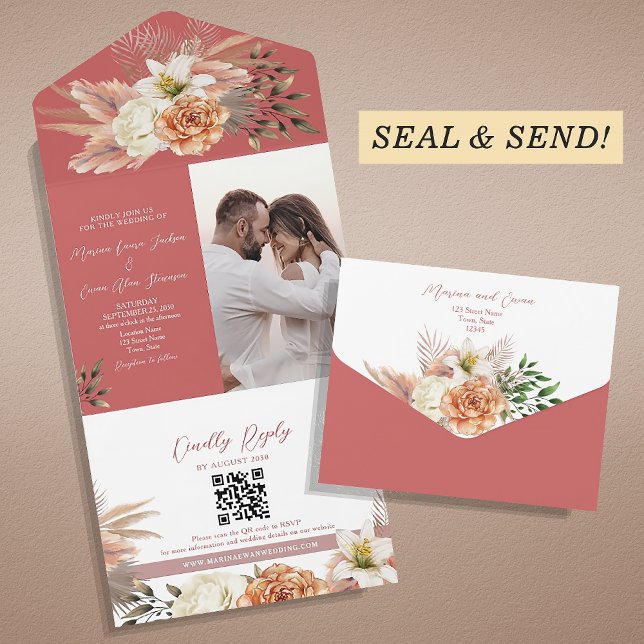 Invitation Tout En Un Mariage Floral Boho Peach (Créateur téléchargé)