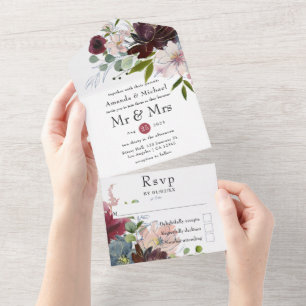Invitation Tout En Un Mariage floral bordeaux, marine et rose