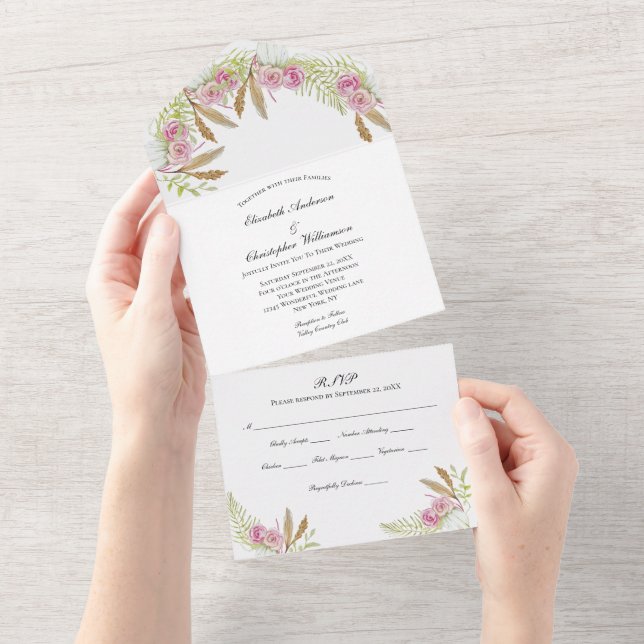 Invitation Tout En Un Mariage floral botanique rose vert Boho  (Déchirure)