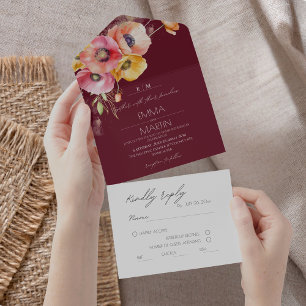 Invitation Tout En Un Mariage floral Bourgogne et couleur rouge