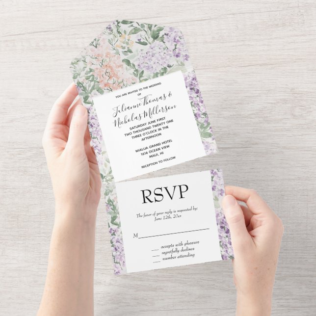 Invitation Tout En Un Mariage floral Chic Peach Lavender (Déchirure)