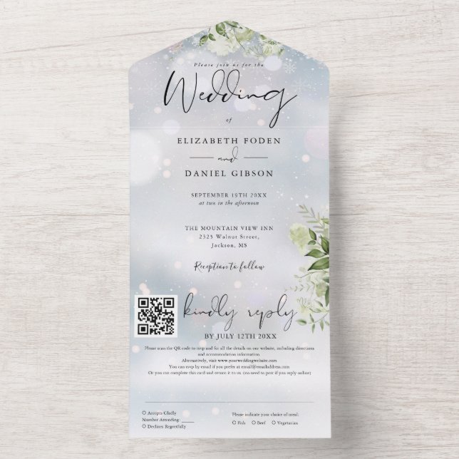 Invitation Tout En Un Mariage Floral Code QR de Verdure d'Hiver (À l'intérieur)
