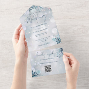 Invitation Tout En Un Mariage Floral Code QR Flocons de Neige