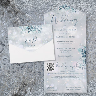Invitation Tout En Un Mariage Floral Code QR Flocons de Neige Hiver